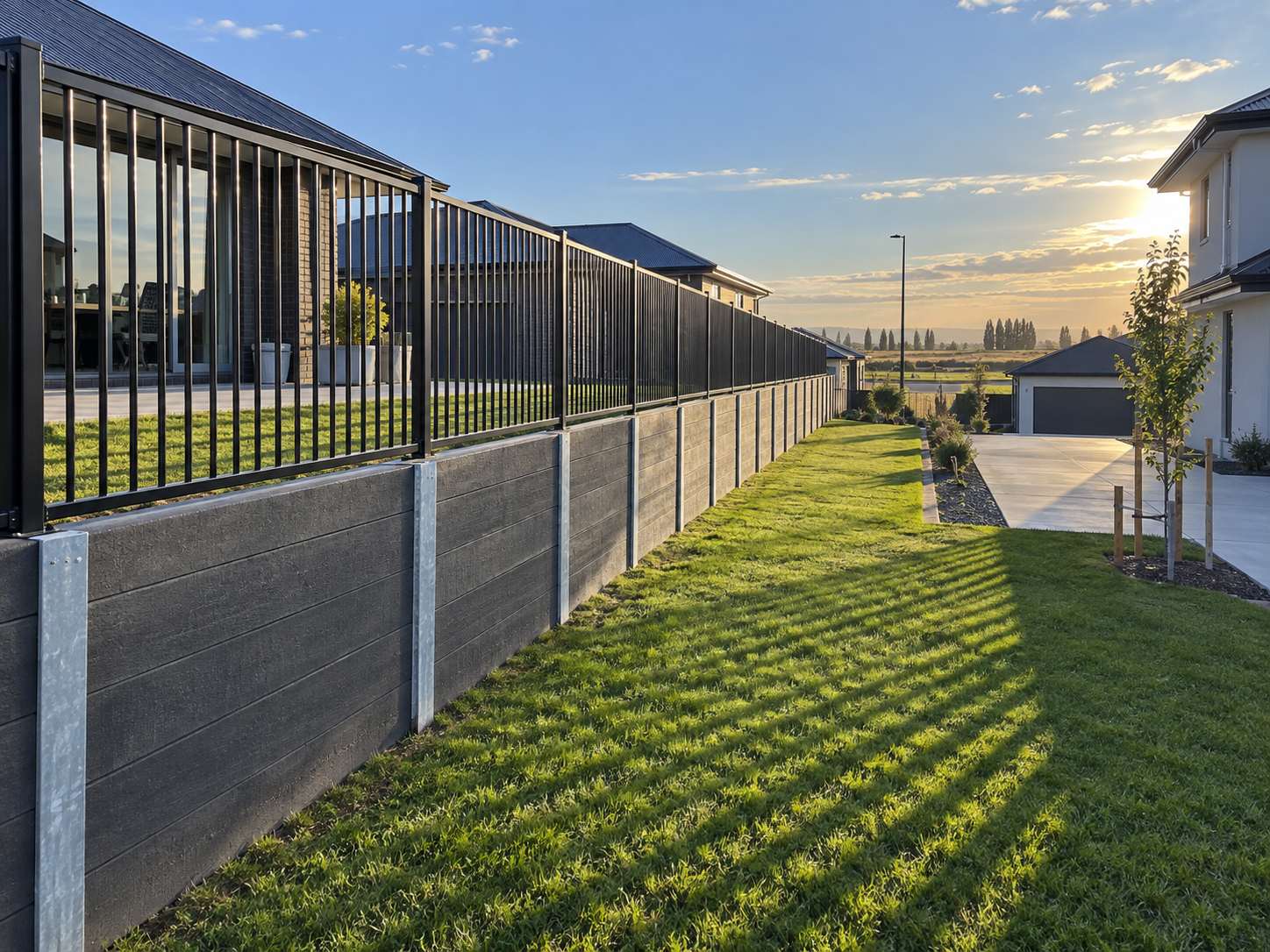 Finished concrete sleeper boundary retaining wall with an aluminium fence on top at sunset