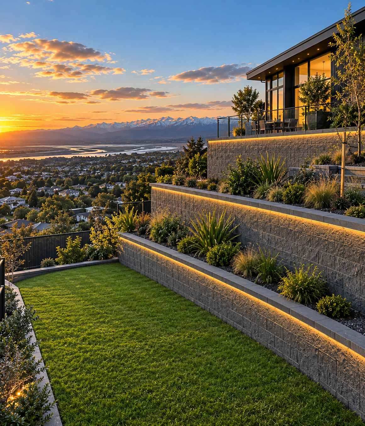 Finished tiered concrete block retaining walls above Lower Hutt at sunset