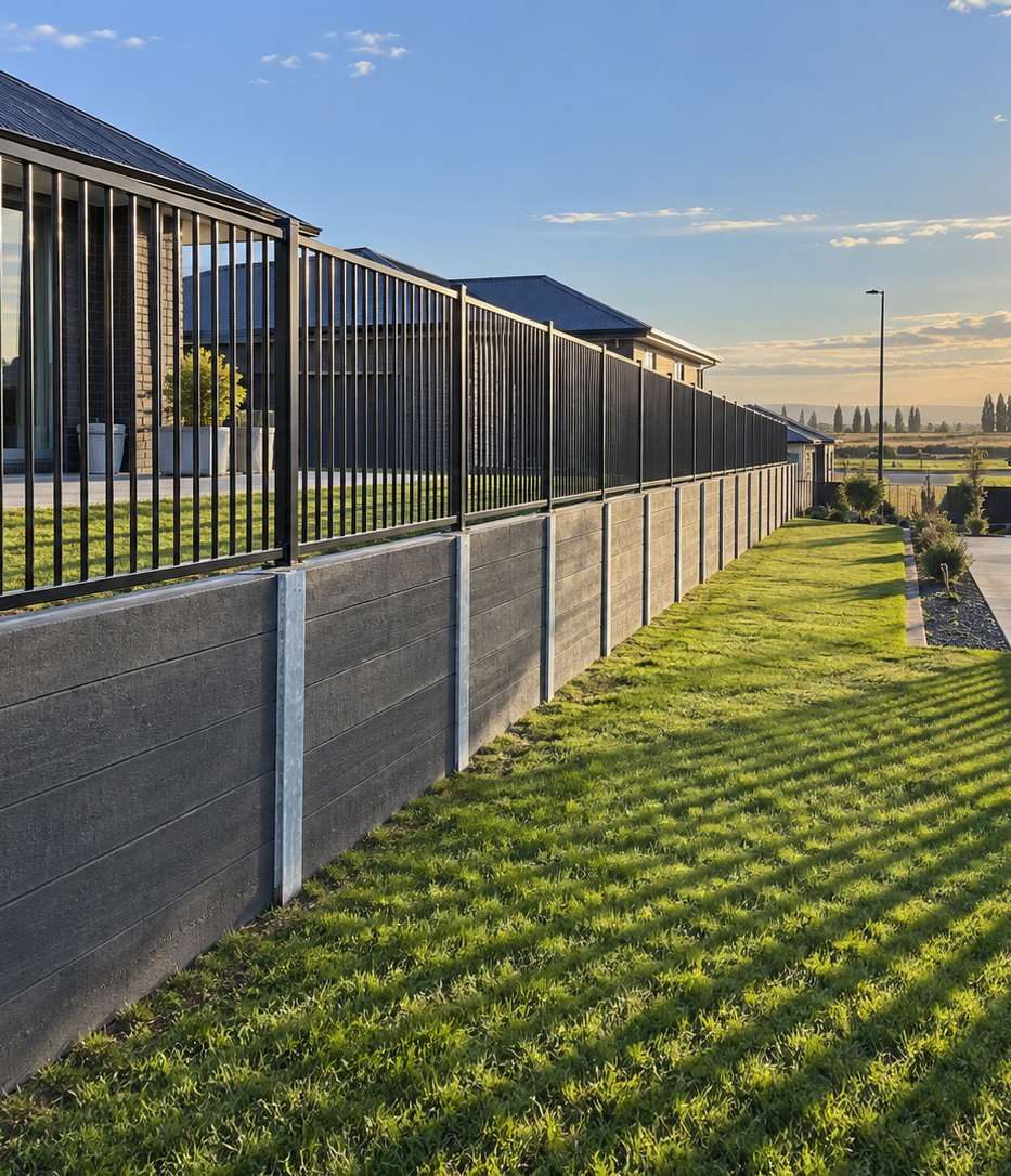 Finished charcoal concrete sleeper boundary retaining wall with a black aluminium fence on top, lit by low afternoon sun