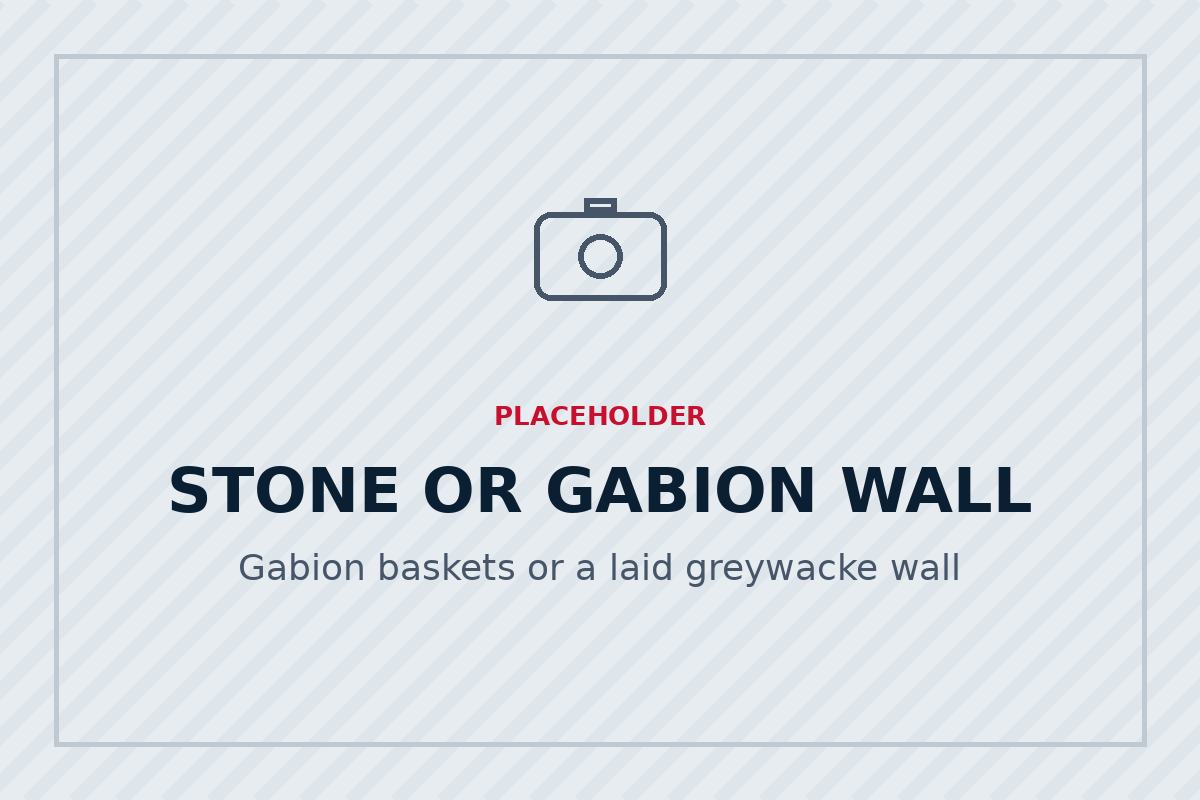 Gabion basket retaining wall filled with Wellington greywacke
